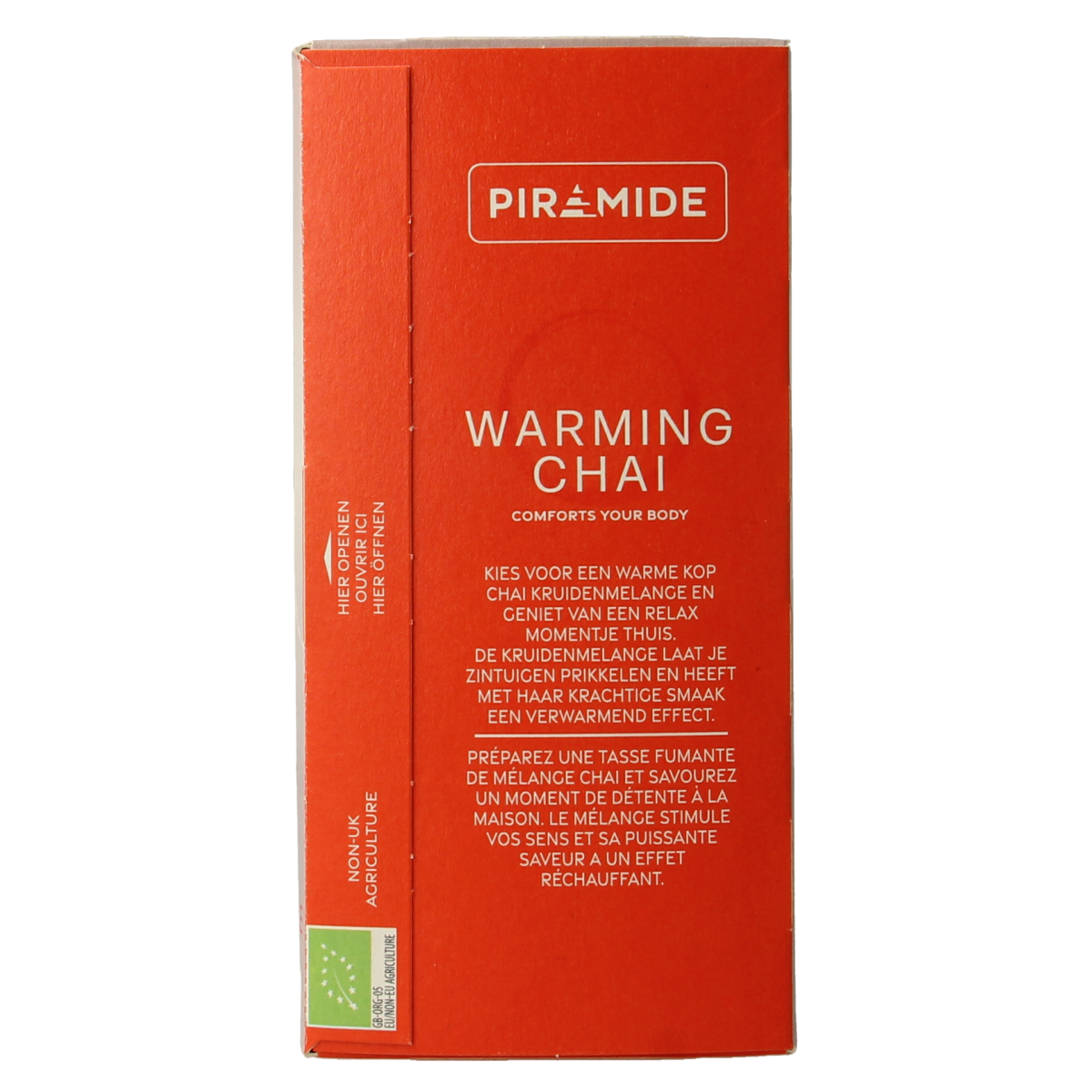 Piramide Warming chai bio tea bags, 20-pack, featuring pyramid-shaped organic tea infusers in vibrant packaging.