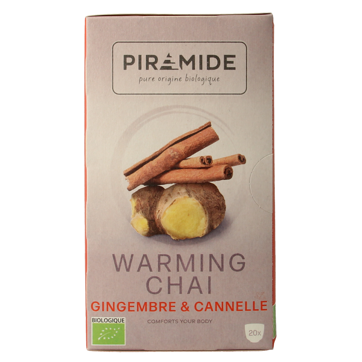 Piramide Warming chai bio tea bags, 20 count, aromatic herbal tea with warming spices, in biodegradable pyramid tea bags.