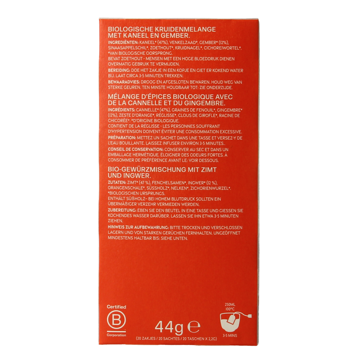 Piramide Warming chai bio tea bags, 20-count, organic herbal tea in individual sachets, displayed in the image.