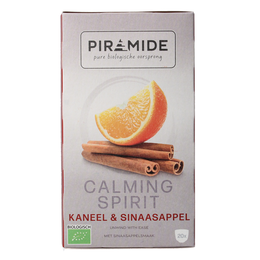 Piramide Calming Spirit bio coffee and tea sachets package with 20.00 organic tea and coffee bags on white background.
