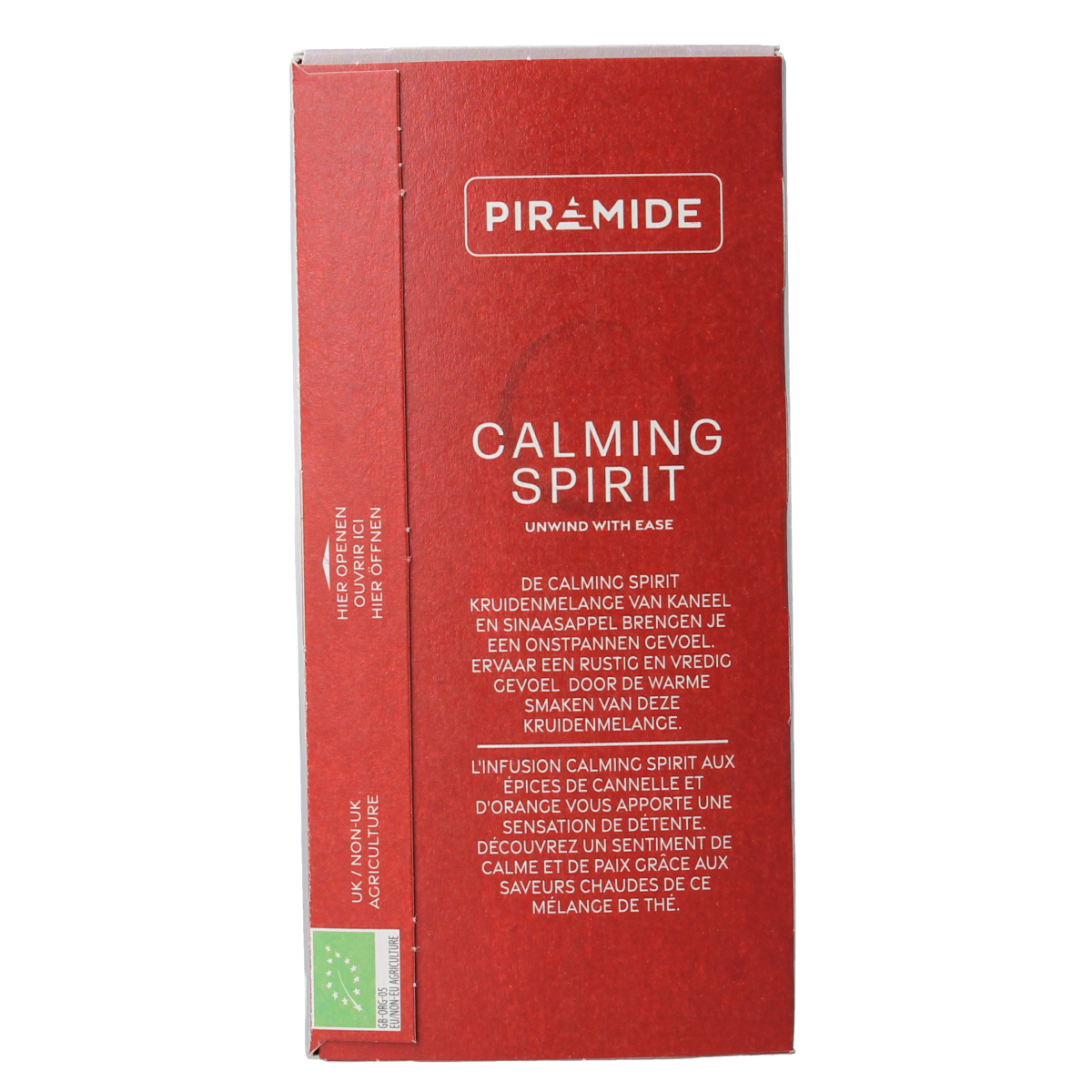 Piramide Calming Spirit bio coffee and tea bags, eco-friendly packaging, with calming herbal ingredients in a clear bag.