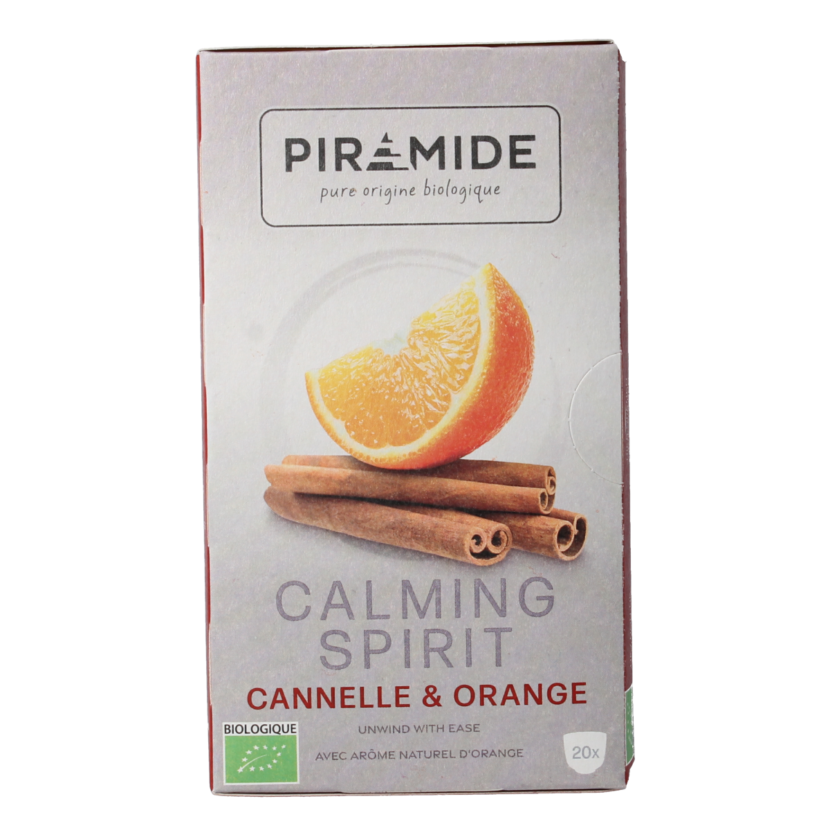 Piramide Calming Spirit bio tea bags, 20-pack, organic herbal tea with calming ingredients, in a box with tea bags visible.