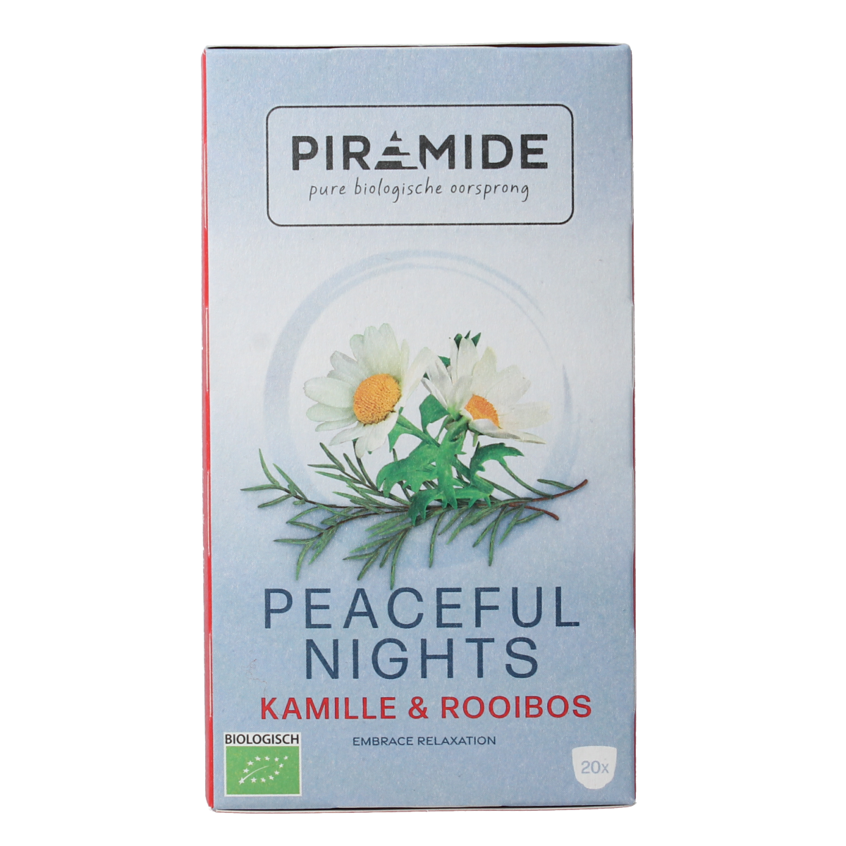 Piramide Peaceful Nights Bio tea in 20 tea bags, featuring a box with organic tea leaves and calming packaging design.