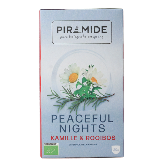 Piramide Peaceful Nights Bio tea in 20 tea bags, featuring a box with organic tea leaves and calming packaging design.