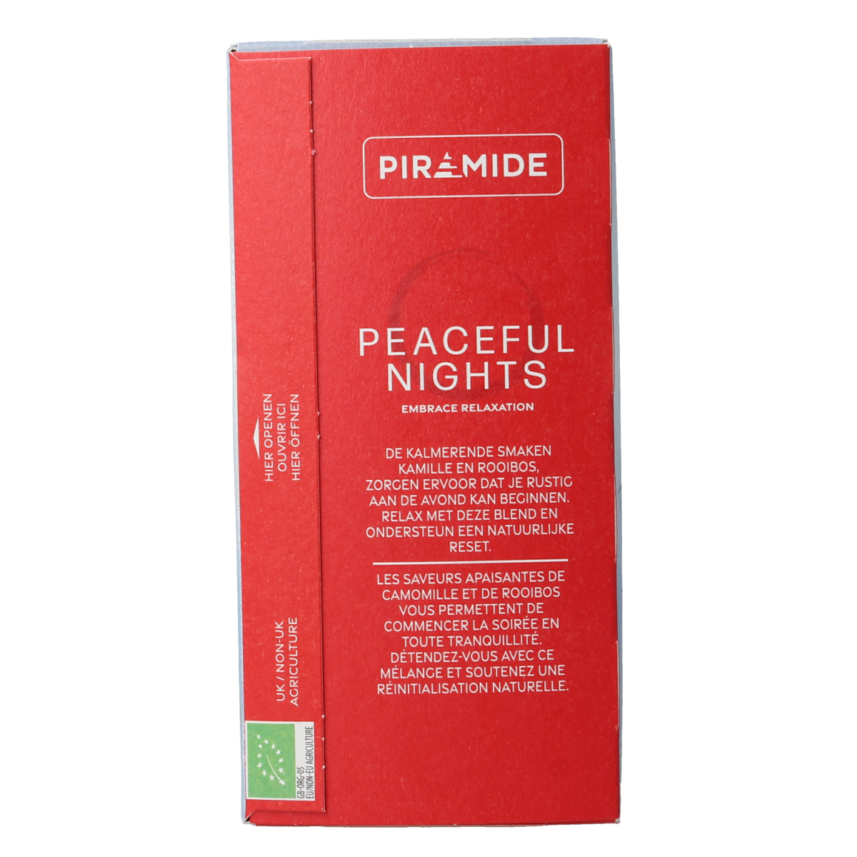 Piramide Peaceful Nights organic tea in 20 tea bags, display of the tea box with pyramid-shaped packaging visible.