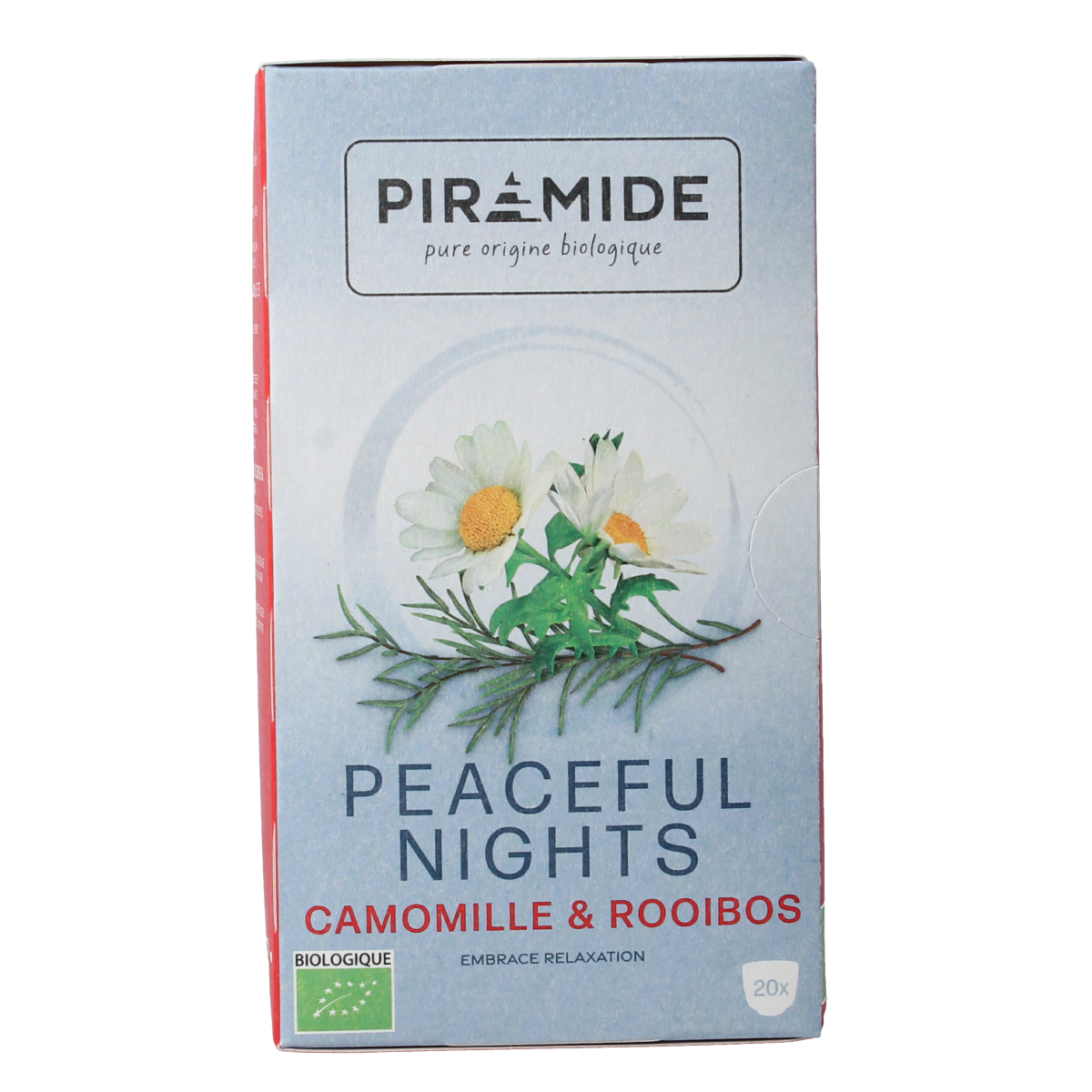 Piramide Peaceful Nights bio tea bags in a box, featuring herbal tea packaging with green and white design.