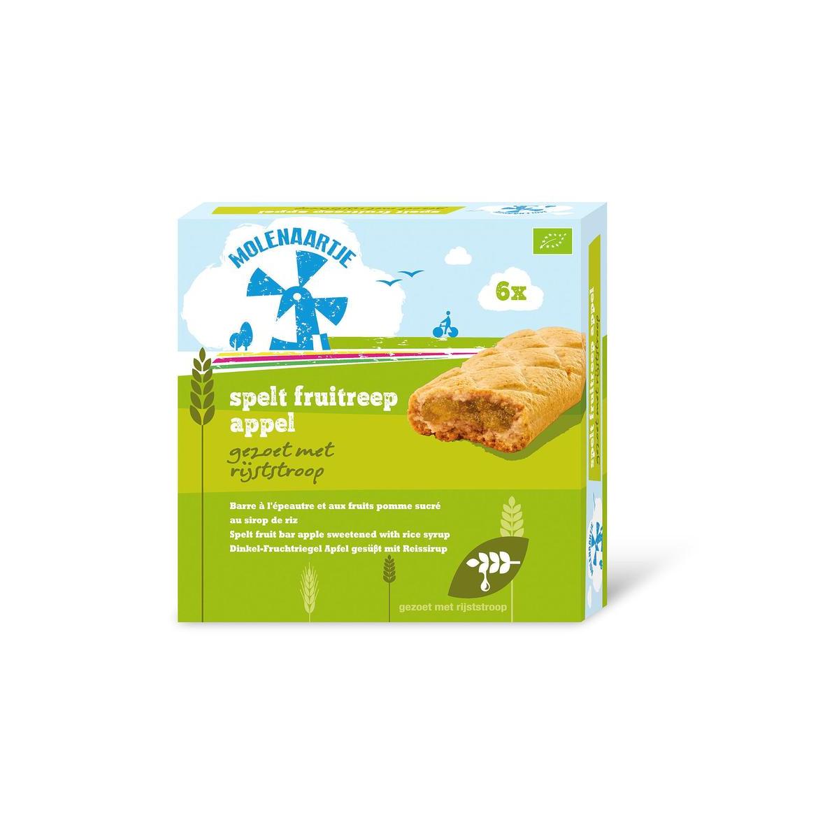 Molenaartje bio spelt fruitreep met appel, 180g, healthy snack with spelt and fruit for on-the-go enjoyment.