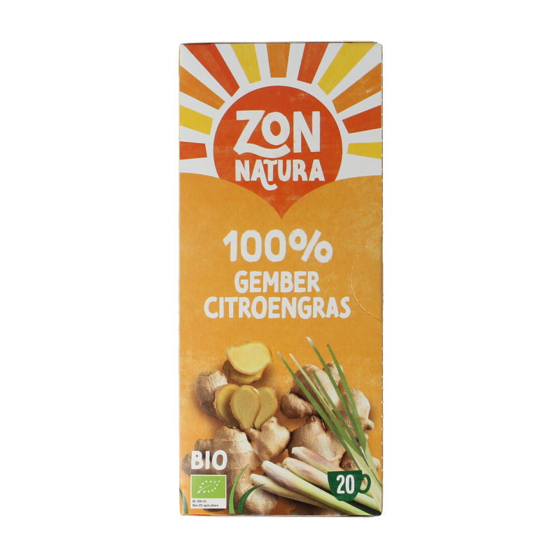 Zonnatura bio gember citroengras thee in 20 tea bags, fresh herbal infusion with ginger and lemongrass visible in the image.
