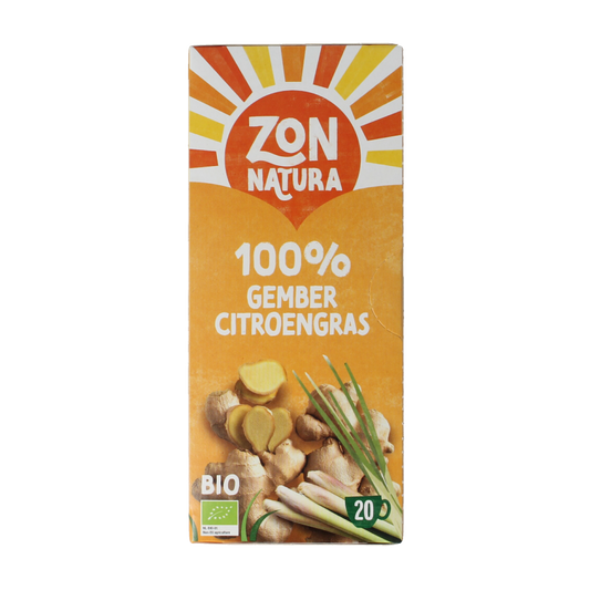 Zonnatura bio gember citroengras thee in 20 tea bags, fresh herbal infusion with ginger and lemongrass visible in the image.