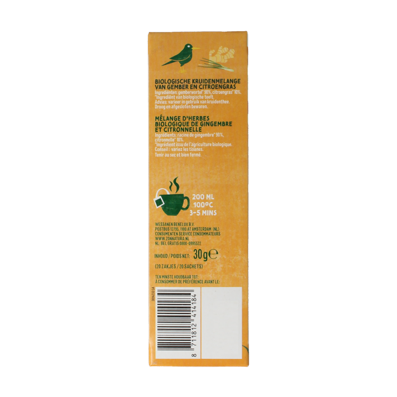 Zonnatura Gember Citroengras Bio thee in 20 zakjes, featuring fresh ginger and lemongrass in a tea bag for herbal infusion.