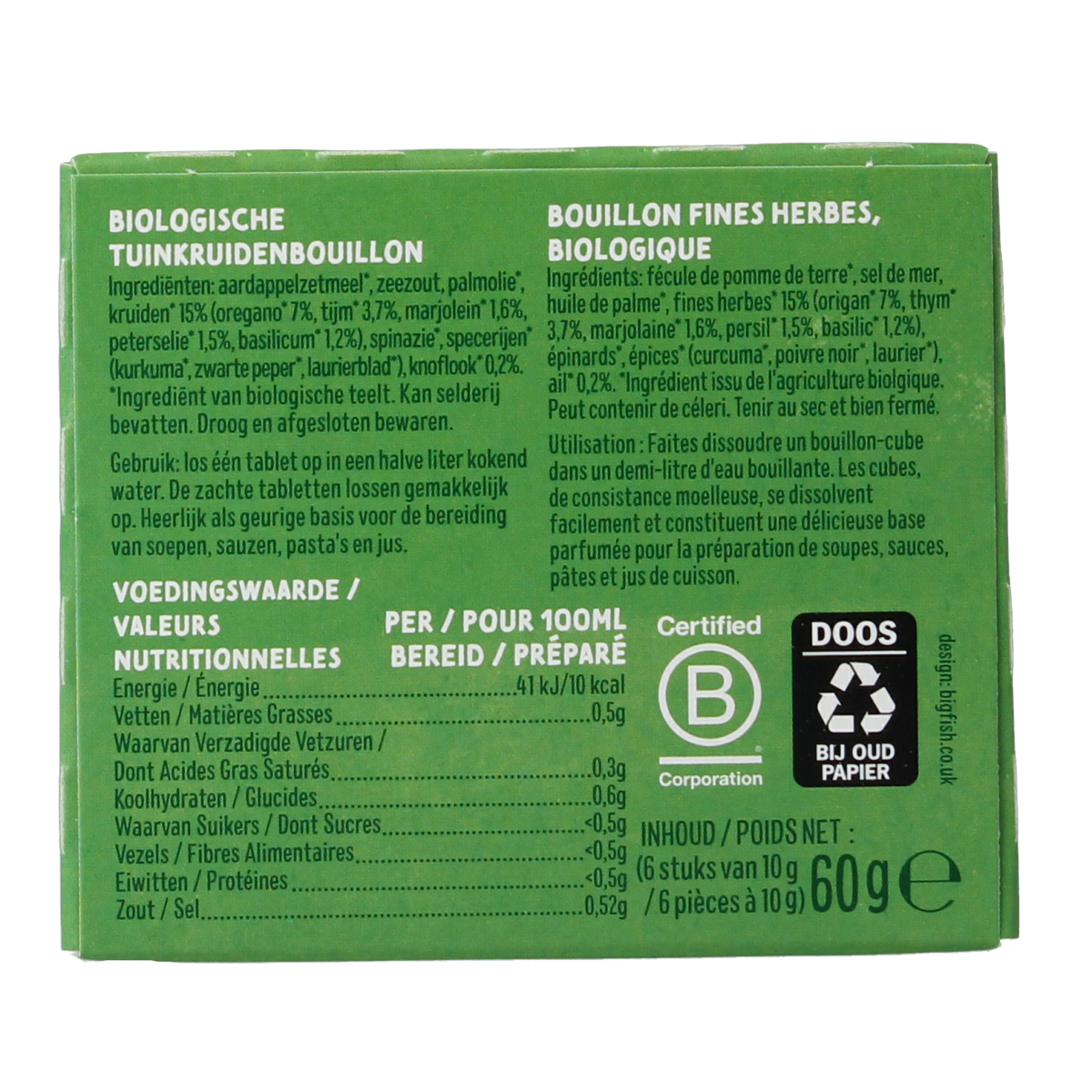Zonnatura Fine Herbstock bouillon zonder gist bio in 60g package, natural herbal soup and broth base.