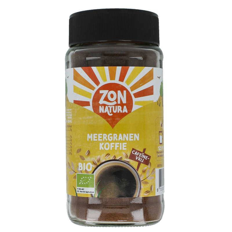 Zonnatura Meergranen biologische koffie in 100 gram package, showing the coffee beans and packaging design.