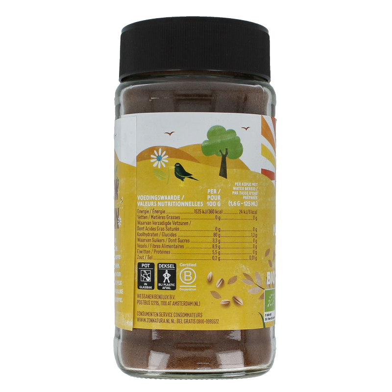Zonnatura Meergranen bio koffie in 100g package, whole beans with a natural, rustic appearance and labeled branding.