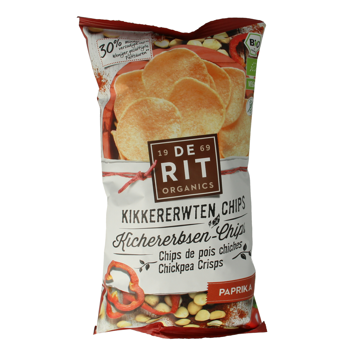 De Rit biologische kikkererwtenchips paprika in 75g package, crispy snack with vibrant paprika flavor, in a clear bag showing chips