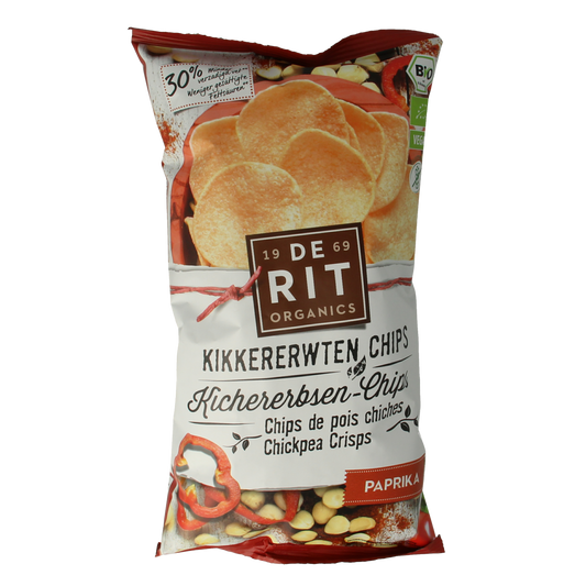 De Rit biologische kikkererwtenchips paprika in 75g package, crispy snack with vibrant paprika flavor, in a clear bag showing chips