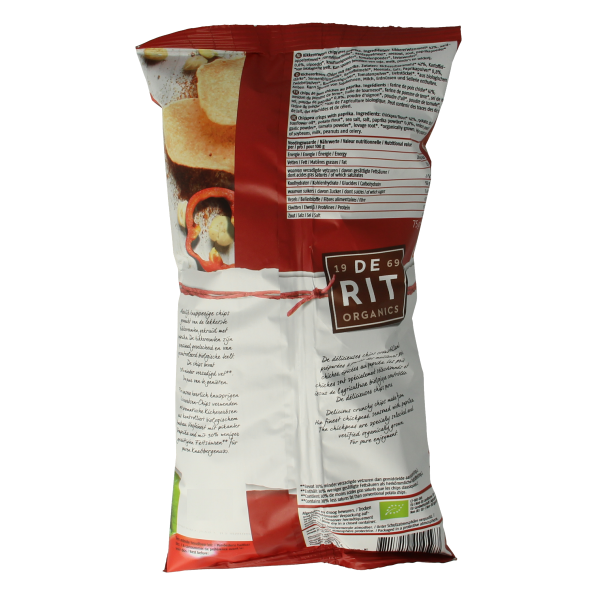 De Rit biologische kikkererwtenchips paprika flavor in a 75g bag, crispy snack with red paprika seasoning.