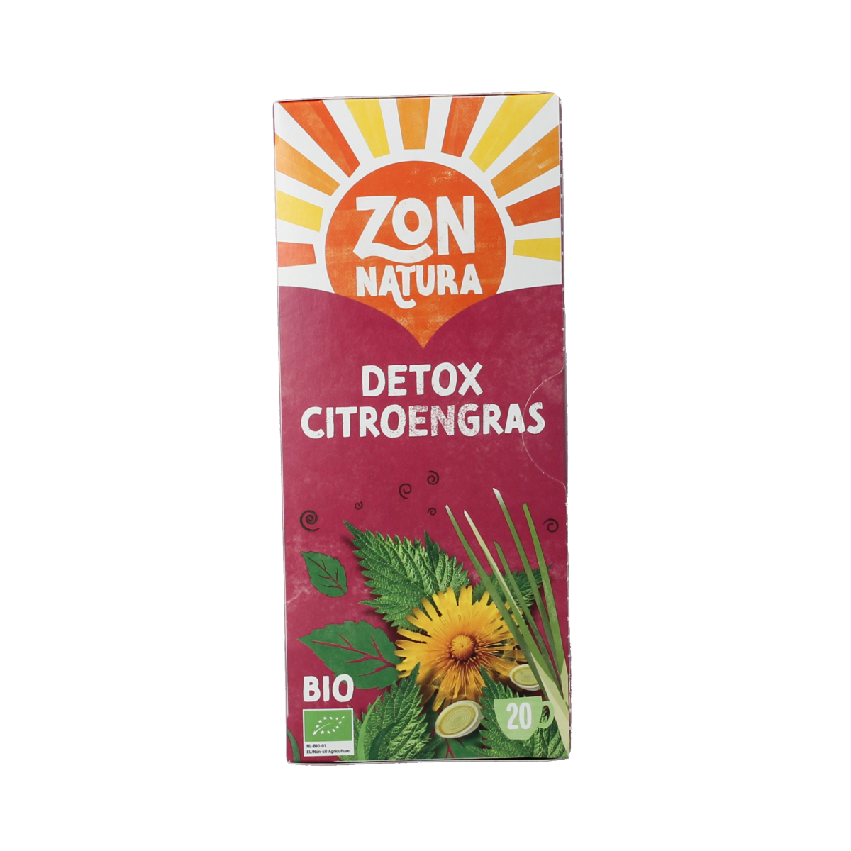 Zonnatura Detox citroengras bio tea in a box of 20 tea bags, featuring fresh lemon grass for detox and natural flavor.