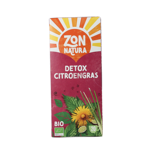 Zonnatura Detox citroengras bio tea in a box of 20 tea bags, featuring fresh lemon grass for detox and natural flavor.