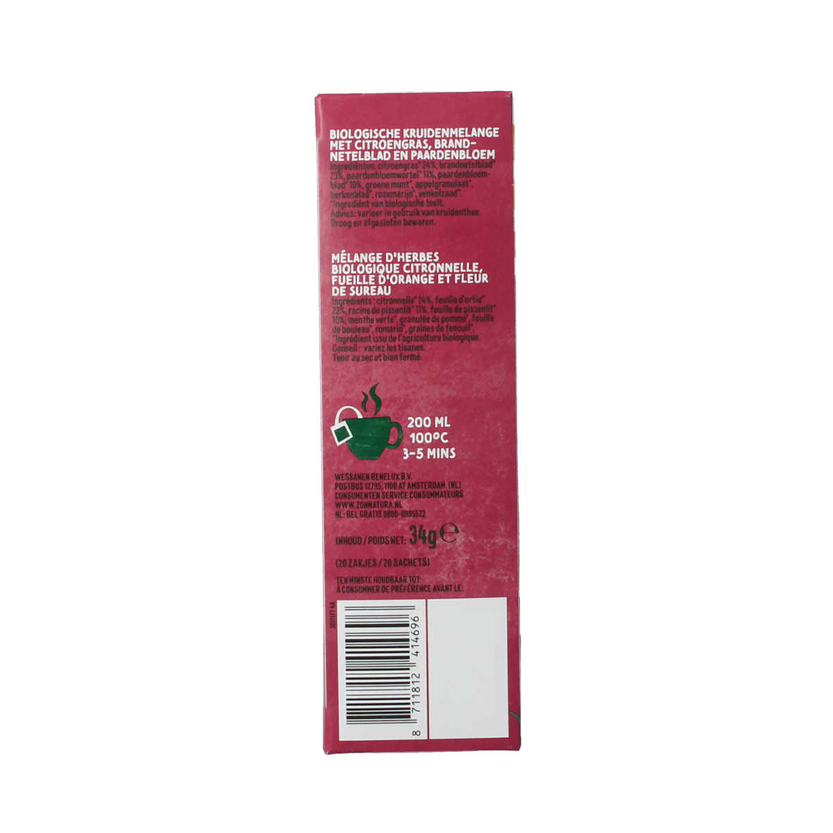 Zonnatura Detox Citroengras bio herbal tea in a 20-pack, featuring fresh citroengras in a natural tea blend.