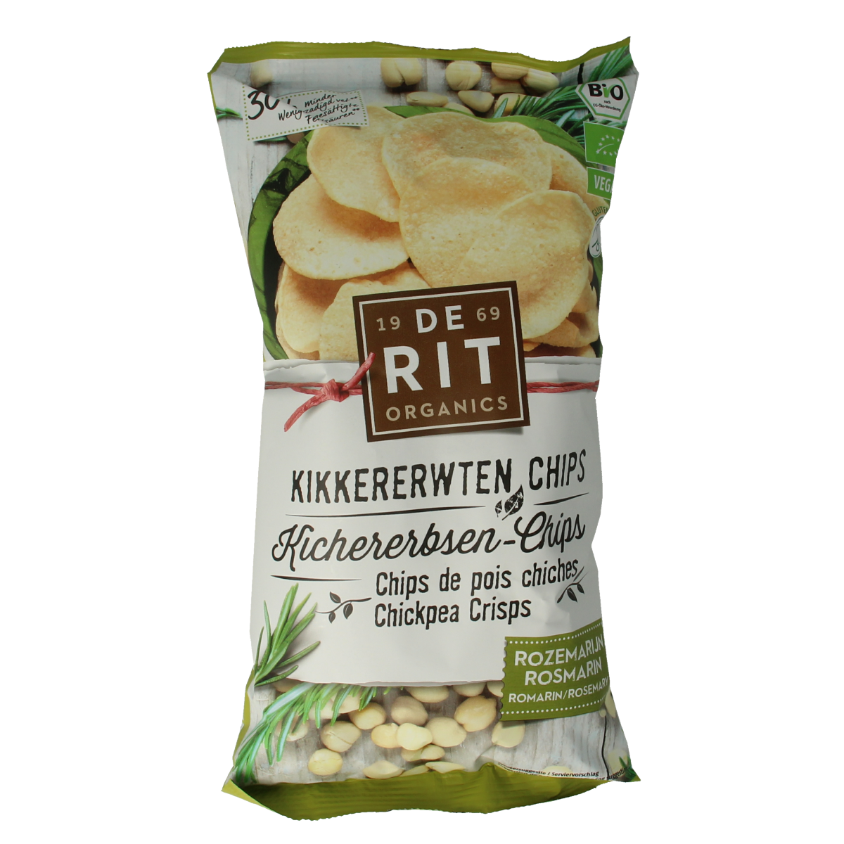 De Rit biologische kikkererwtenchips rozemarijn in 75g verpakking, showing crispy chips with rosemary seasoning.