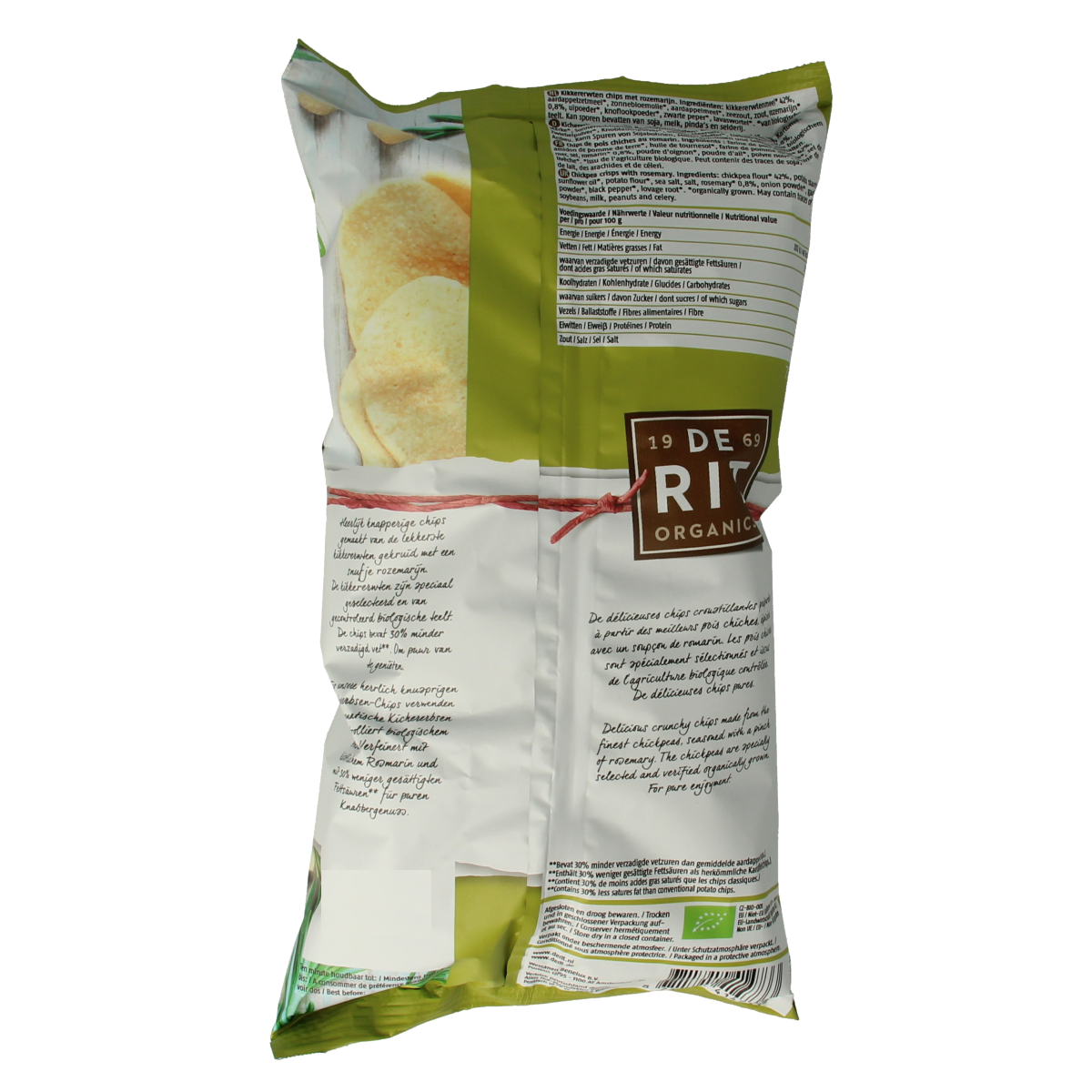 De Rit biologische rozemarijn kikkererwtenchips in 75g verpakking, crispy snack with fresh rosemary flavor