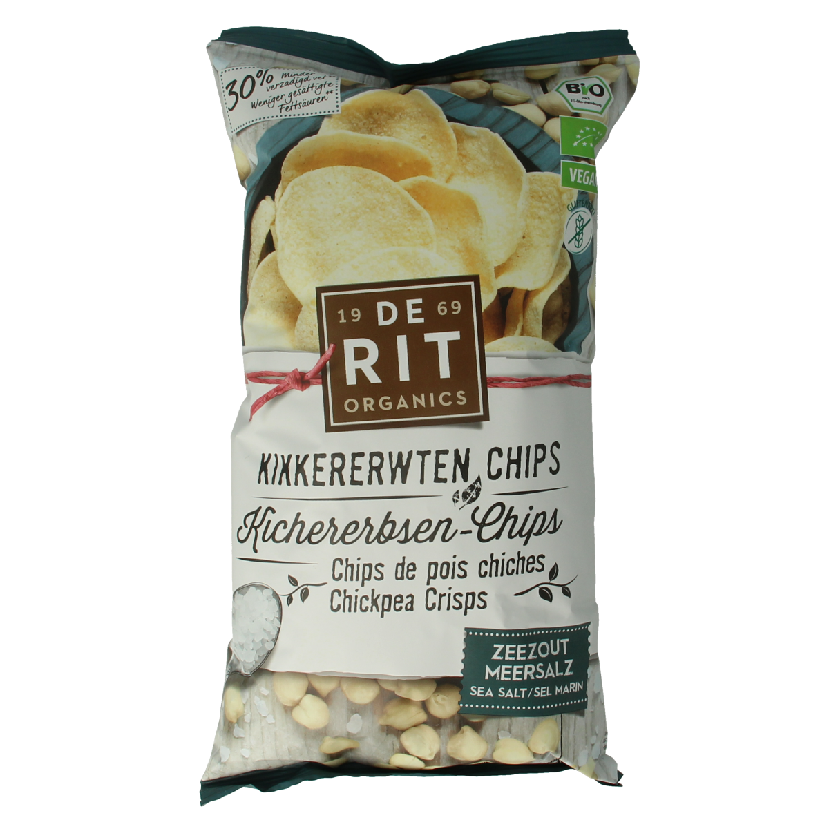 De Rit biologische kikkererwtenchips met zeezout, 75g, in een open verpakking, knapperige en gezondere snackoptie