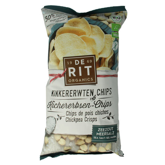 De Rit biologische kikkererwtenchips met zeezout, 75g, in een open verpakking, knapperige en gezondere snackoptie