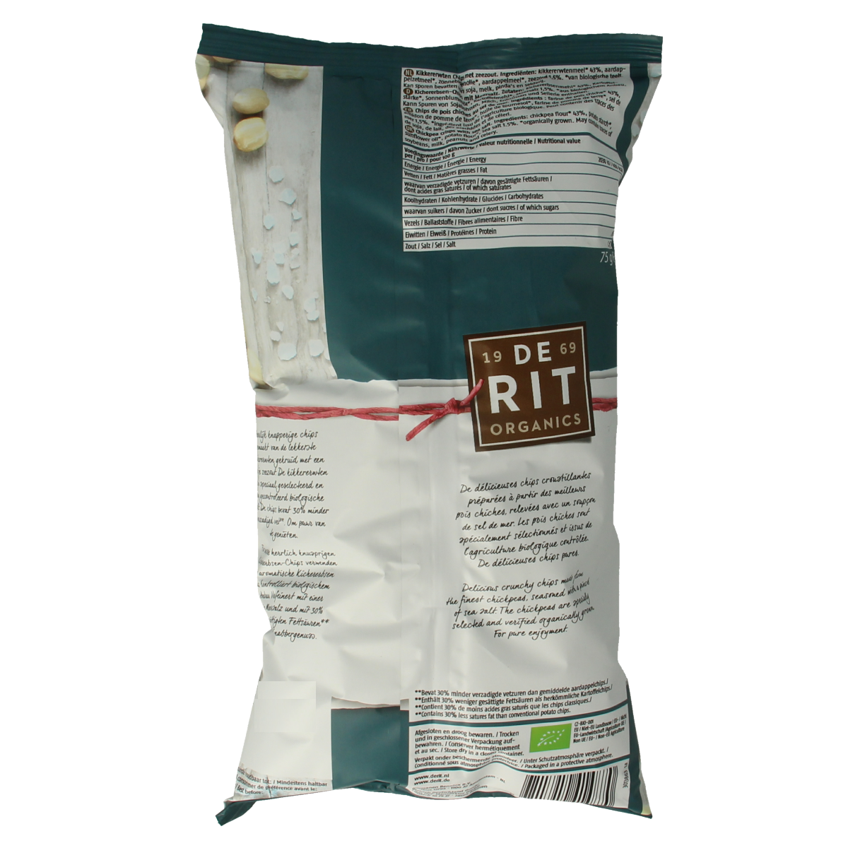 De Rit biologisch kikkererwtenchips met zeezout, 75 gram, knapperige snack in een open verpakking