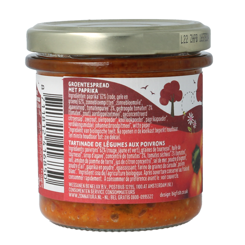 Zonnatura biologisch paprika groentespread op broodbeleg met rode paprika en groente, 135 gram
