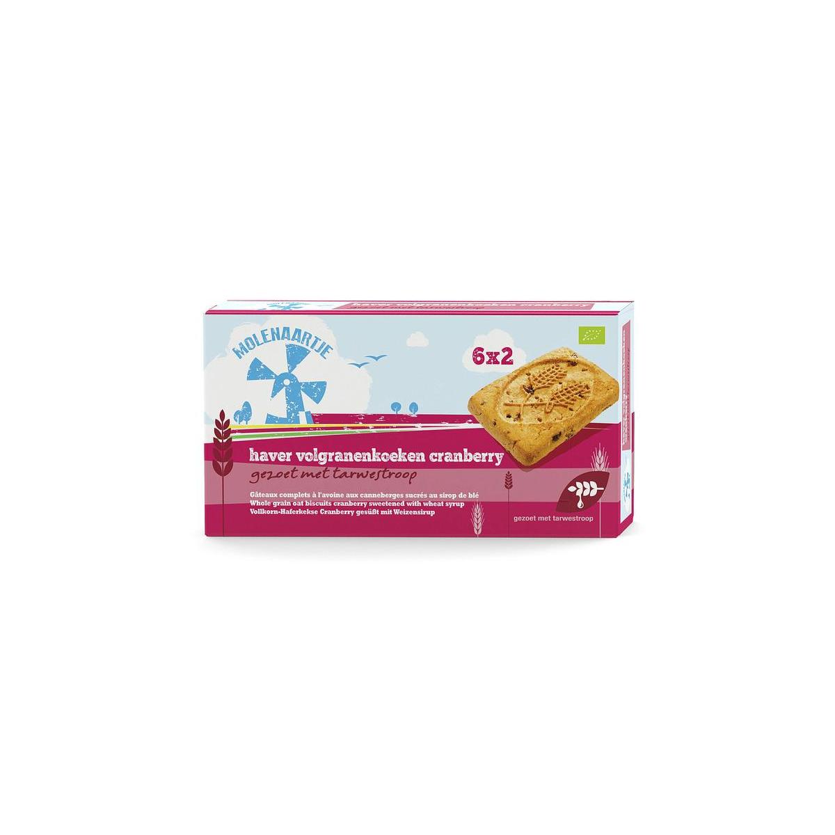 Molenaartje Haver volgranenkoeken with cranberry, organic, 240g, showing golden-brown cookies with cranberries on a plate.