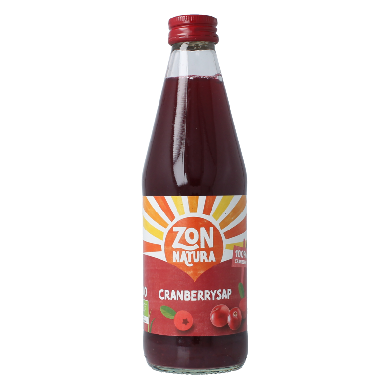 Zonnatura cranberry juice in a 330ml bottle, pure organic cranberry drink with a clear label and vibrant cranberry imagery.