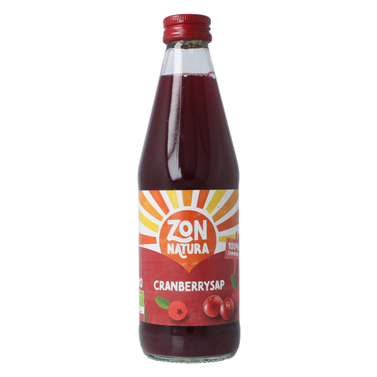 Zonnatura cranberry juice in a 330ml bottle, pure organic cranberry drink with a clear label and vibrant cranberry imagery.