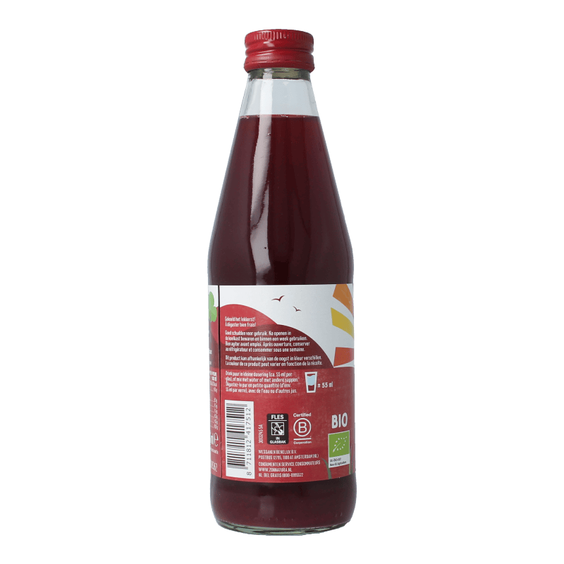 Glass of Zonnatura cranberry juice in a clear bottle, showcasing the pure, organic cranberry sap.