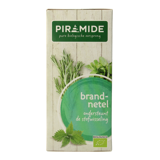 Organic Piramide Brandnetel thee bio with 20 tea bags, natural herbal tea in a colorful box, perfect for relaxing moments.