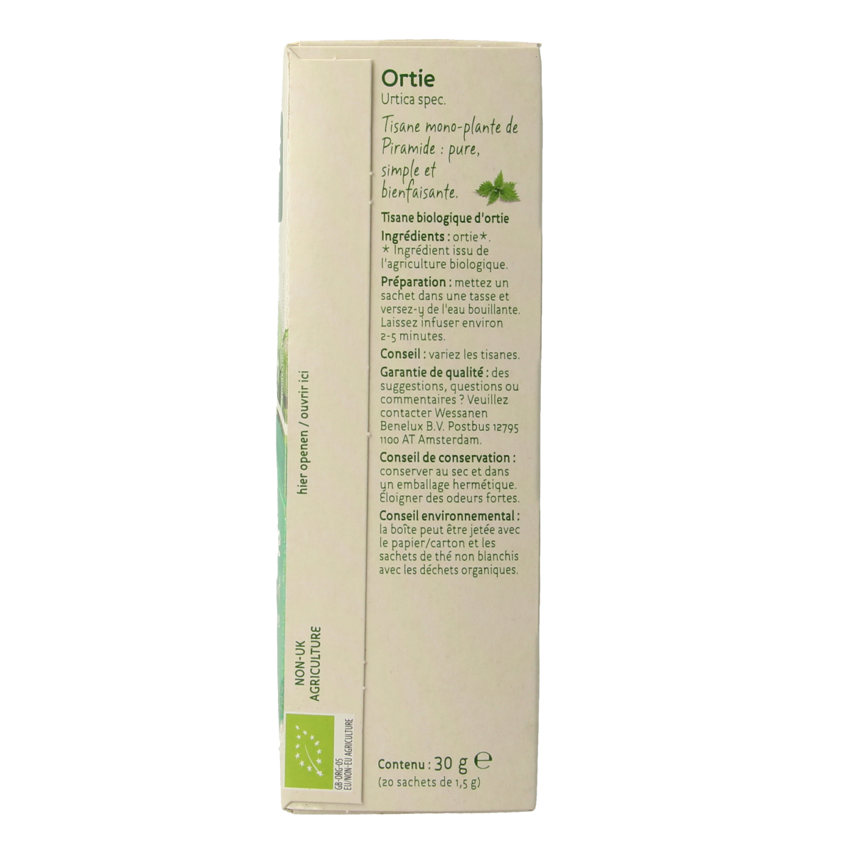 Organic Piramide Brandnetel tea bags, eco-friendly herbal tea in 20-pack, natural and aromatic presentation.