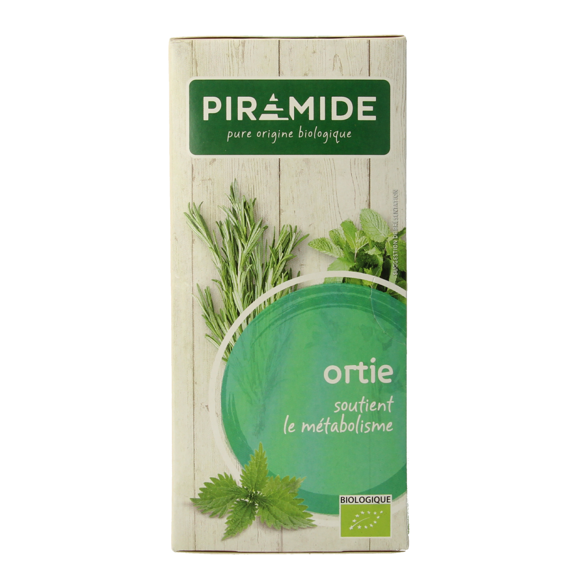 Piramide Brandnetel thee bio, organic herbal tea in 20 tea bags, natural green tea leaves and herbs, eco-friendly packaging.
