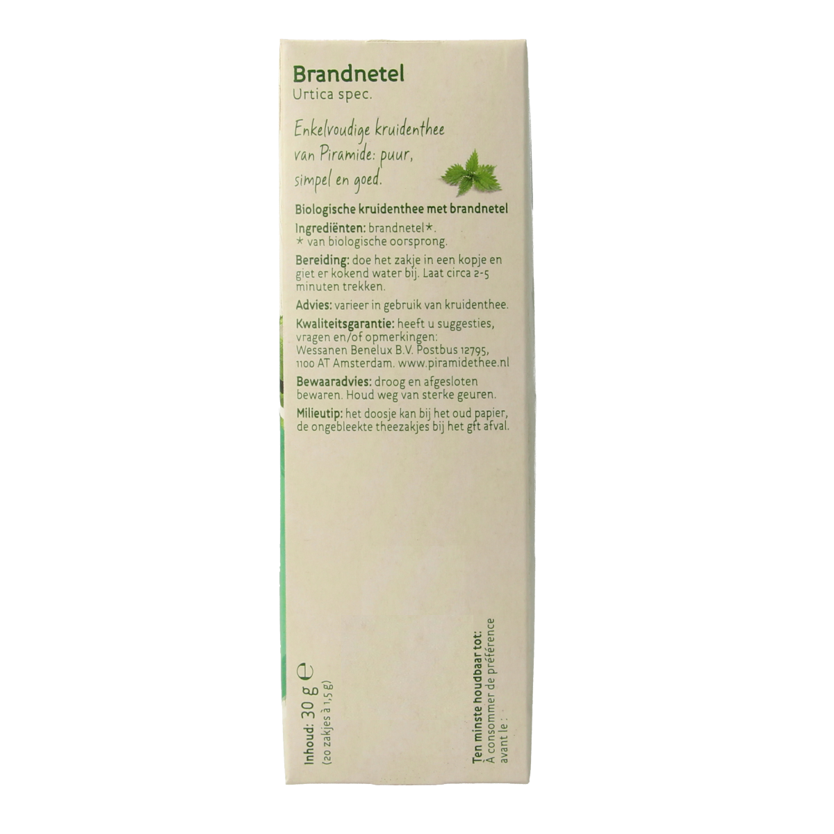 Organic Piramide Brandnetel tea in a box, 20 eco-friendly tea bags, natural herbal infusion for wellness.
