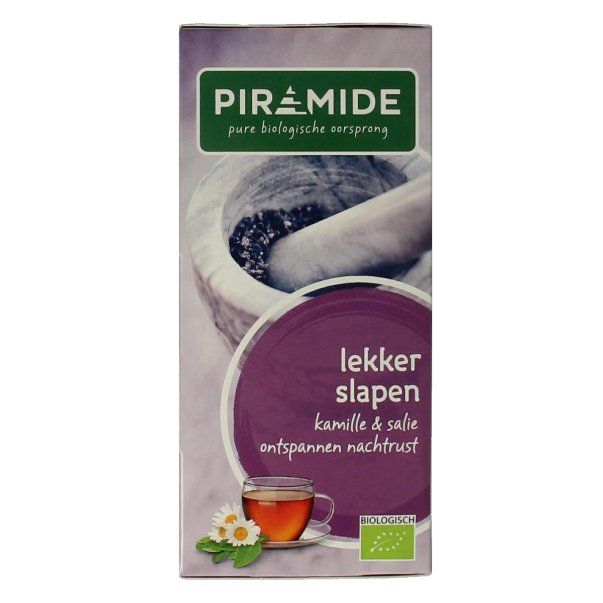 Piramide Lekker Slapen bio organic tea in a box of 20 tea bags, natural herbal sleep aid and relaxation tea.