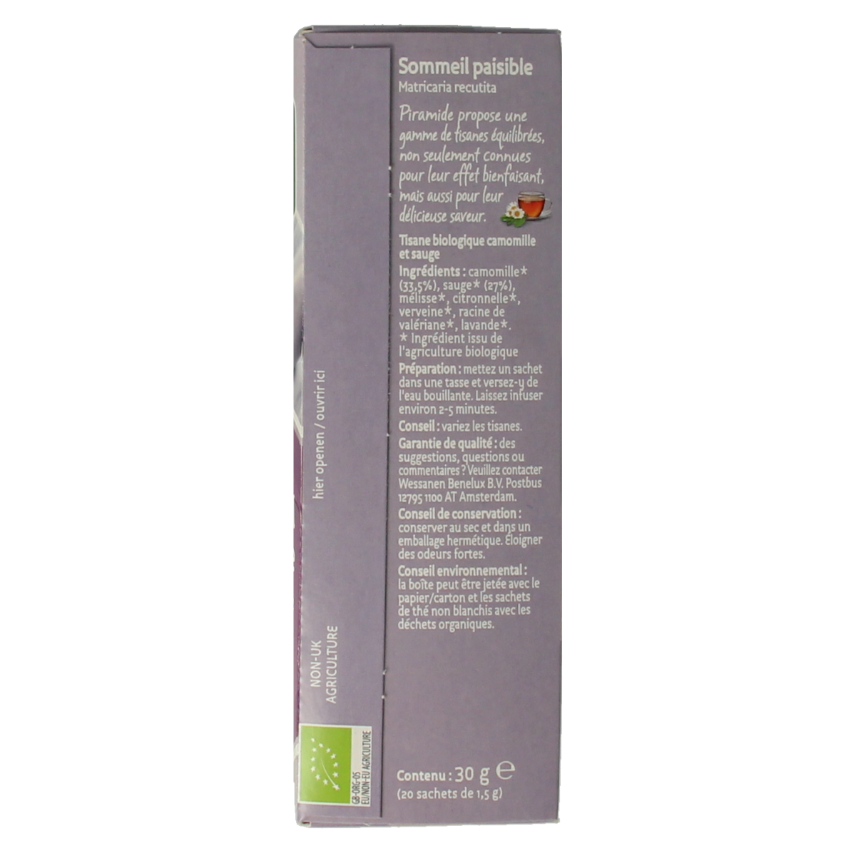 Piramide Lekker Slapen thee bio with 20 tea bags, organic herbal tea for relaxation, in a white box with green and purple packaging.