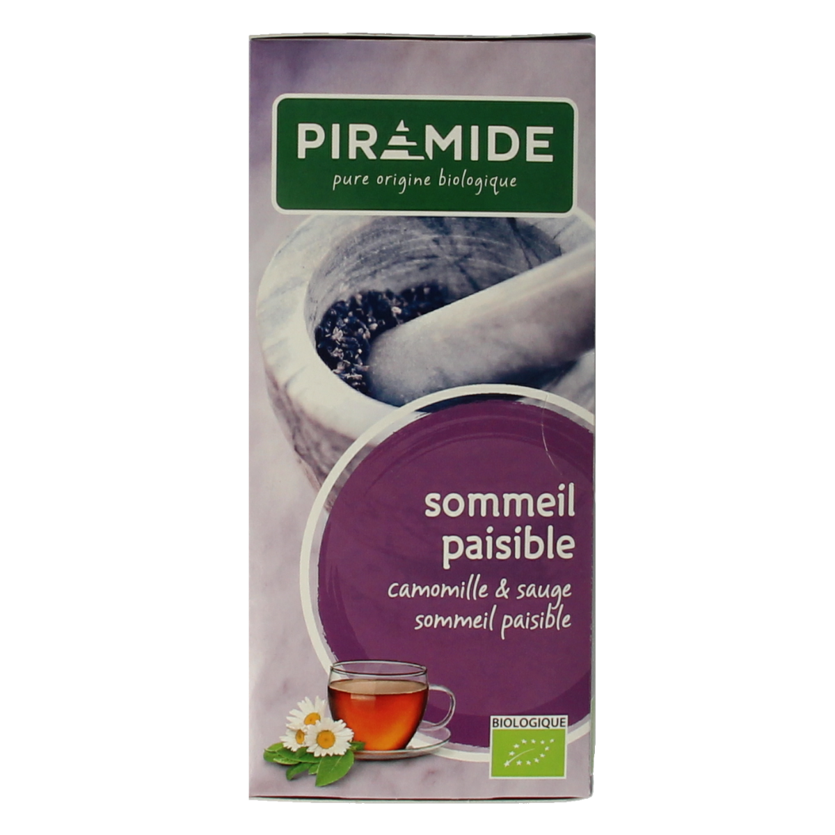Piramide Lekker Slapen bio herbal tea in a box of 20 tea bags, featuring pyramid-shaped biodegradable tea bags on a white background.