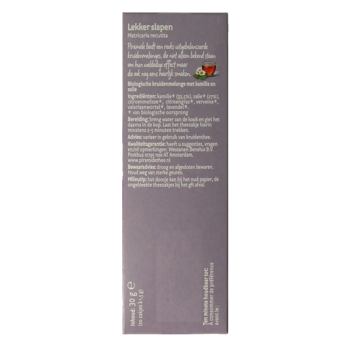 Organic Piramide Lekker Slapen tea box with 20 bio tea bags, natural herbal blend for relaxation and better sleep.