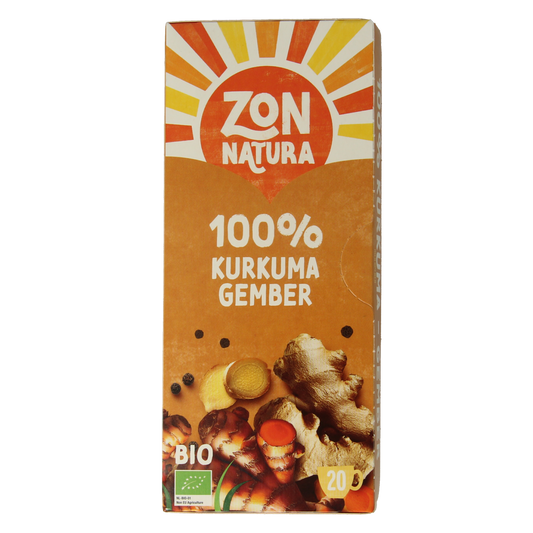 Zonnatura bio turmeric ginger herbal tea in a box of 20 tea bags, featuring turmeric and ginger ingredients.