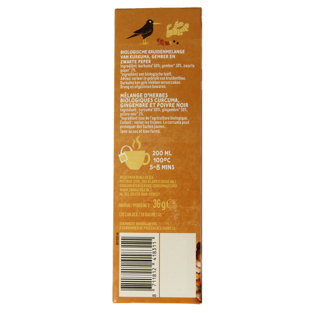 Zonnatura Kurkuma gember biologische thee in 20 tea bags, featuring turmeric and ginger flavor, for a natural herbal infusion.