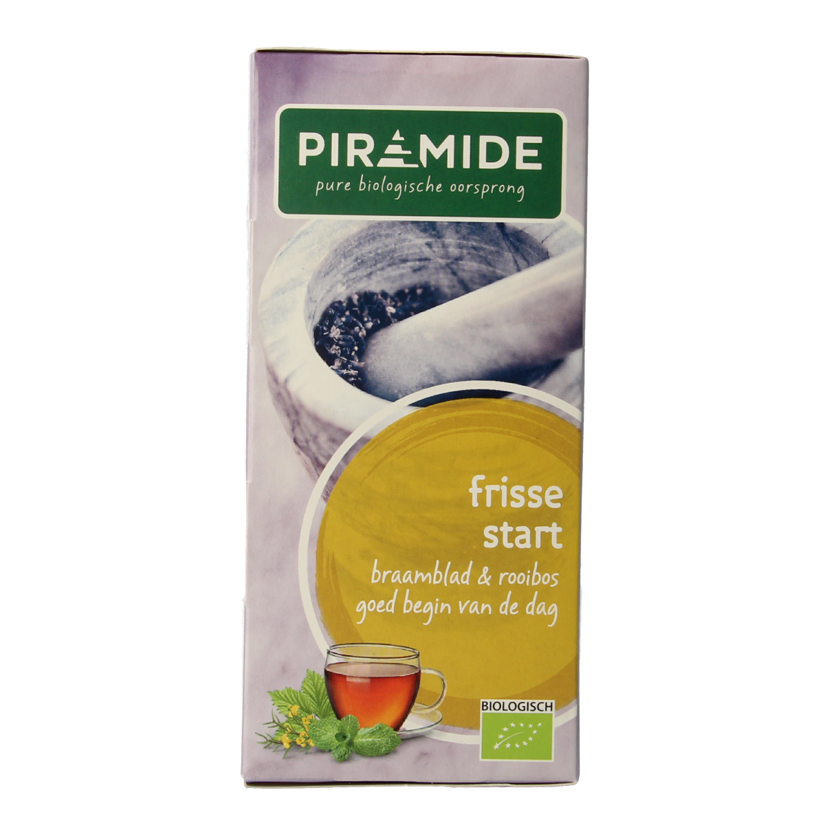 Piramide Frisse Start thee eco bio, 20 tea bags, natural herbal tea with fresh, organic ingredients, in a green packaging.