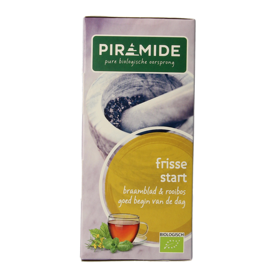 Piramide Frisse Start thee eco bio, 20 tea bags, natural herbal tea with fresh, organic ingredients, in a green packaging.