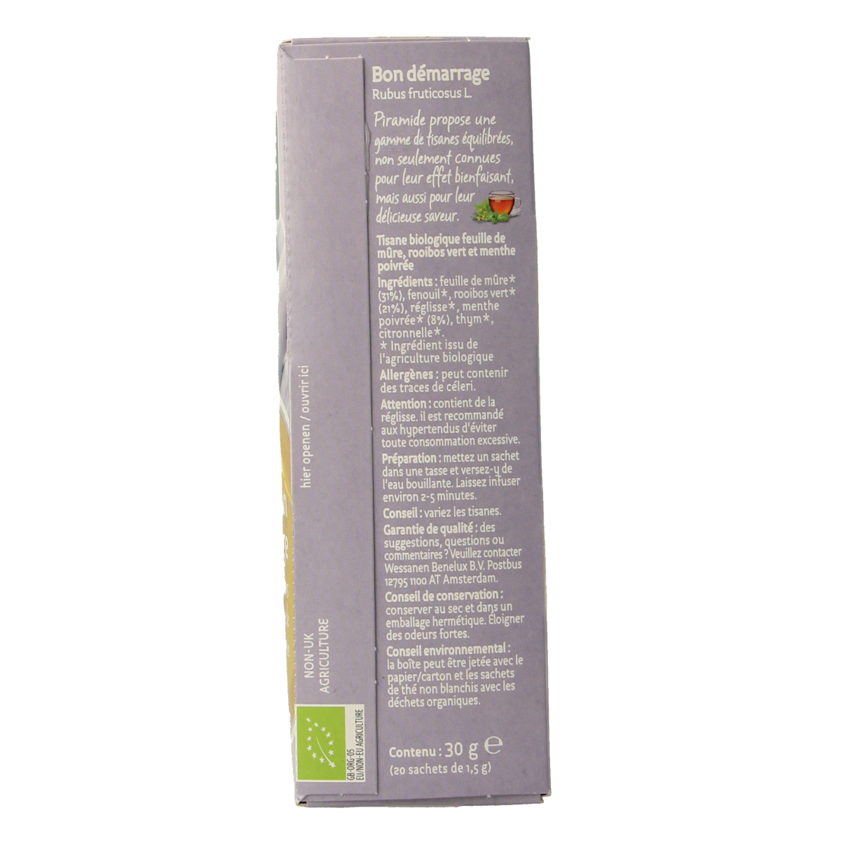 Piramide Frisse Start thee eco bio, 20 tea bags, natural herbal blend in pyramid tea infuser, organic and fresh.