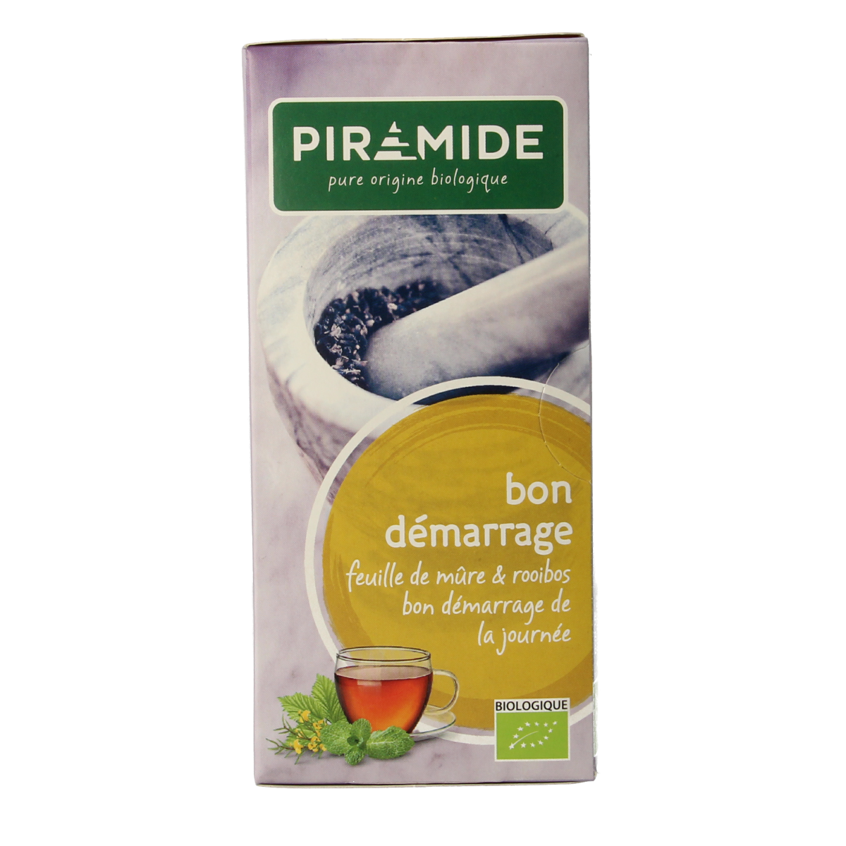 Piramide Frisse Start thee organic tea in a box of 20 tea bags, featuring pyramid-shaped infusion bags and natural ingredients.