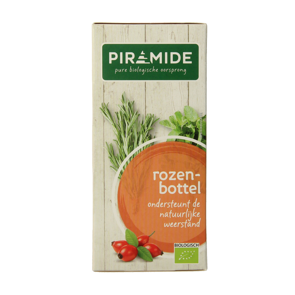 Piramide Rozenbottel thee organic tea in a box with 20 tea bags, featuring pyramid-shaped infusers and floral packaging.