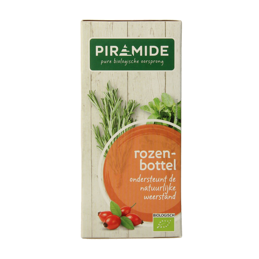 Piramide Rozenbottel thee organic tea in a box with 20 tea bags, featuring pyramid-shaped infusers and floral packaging.