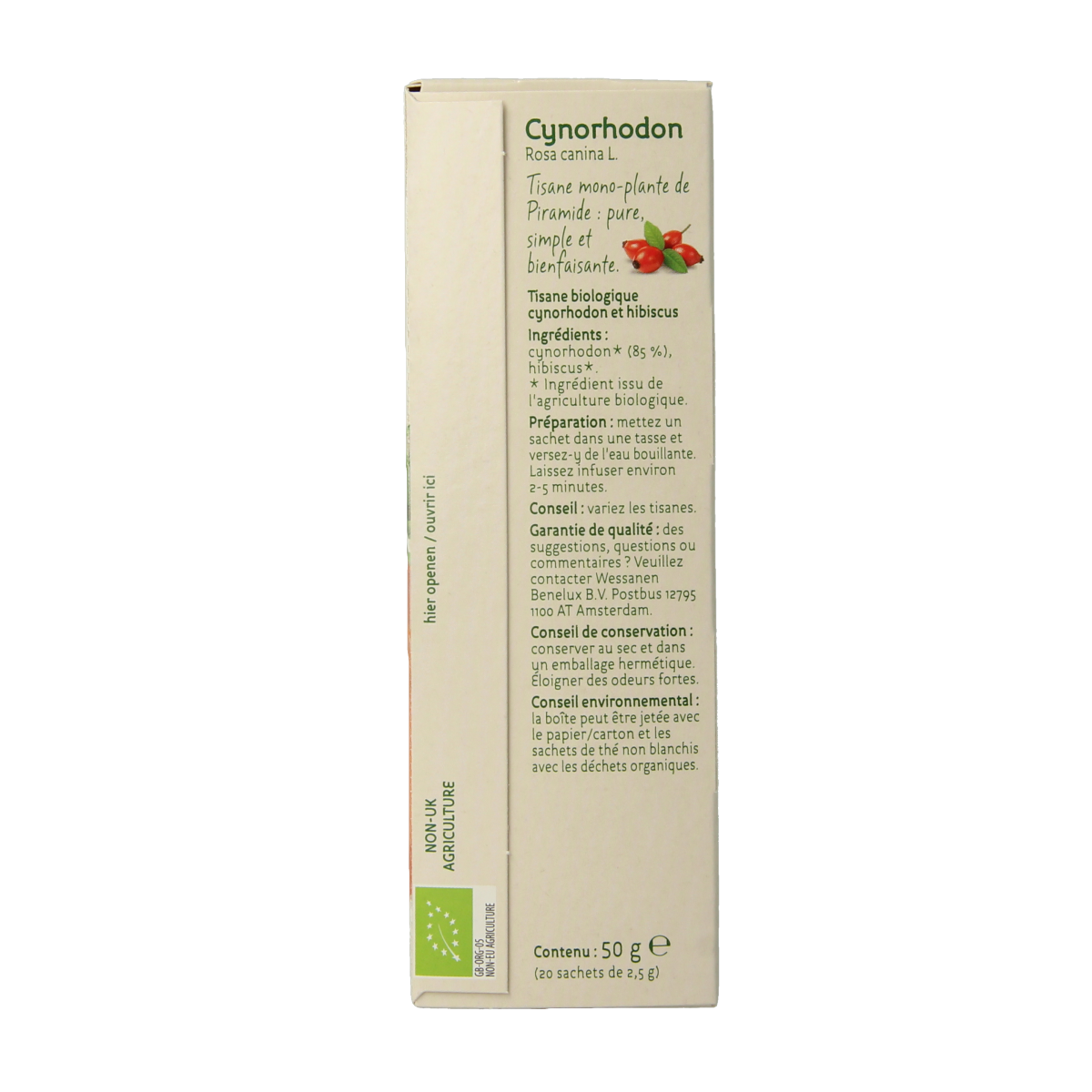 Organic Piramide Rosehip tea pyramid bags, eco-friendly and natural, with 20 tea bags in the image.